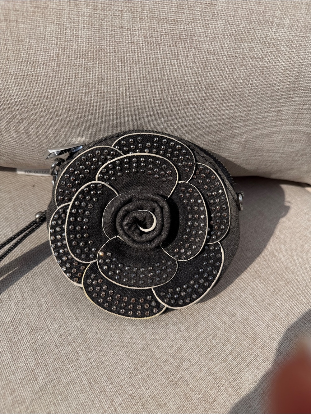 Black Floral Round wristlet Bag with Stud Detailing